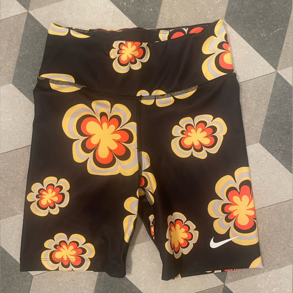 Nike Women’s Dri-FIT Black Athletic Shorts with Yellow & Red Floral Design